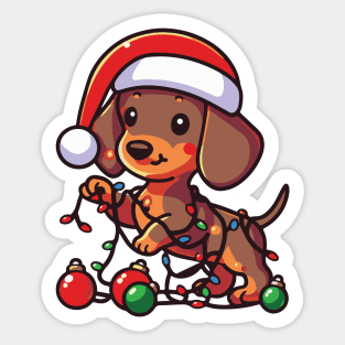 dachshund dog playing with Christmas lights Sticker